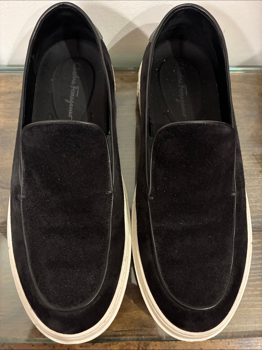 Salvatore Ferragamo Black Suede Slip-On Sneakers with White Sole